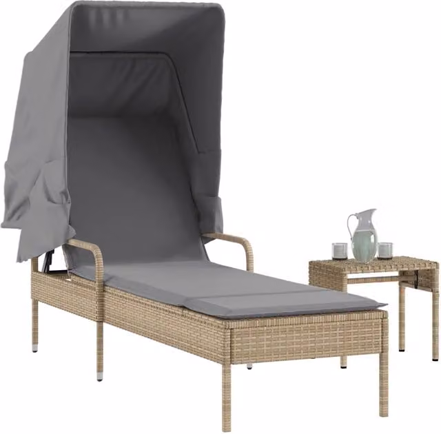 Lettino prendisole con baldacchino e tavolino vidaXL in polyrattan beige e grigio con poggiatesta regolabile e tessuto resistente ai raggi UV