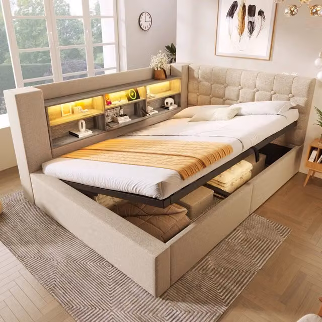 Letto imbottito idraulico con illuminazione a LED 140x200 cm colore beige lino