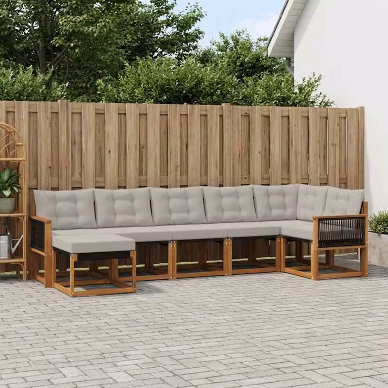 Set di divani da esterno vidaXL 7 pz a forma di L in legno di acacia con cuscini in tessuto textilene, colore marrone e grigio chiaro