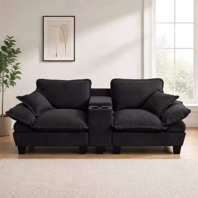 Scaffale modulare con braccioli rimovibili, porta bicchieri, vani portaoggetti e porte USB, in chenille nero 224 × 82 × 90 cm