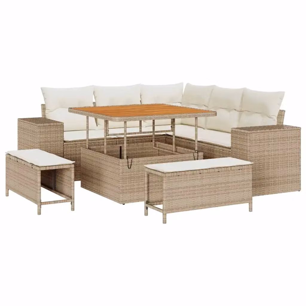 Set Divano da Giardino a L vidaXL 8 Pezzi Beige con Cuscini e Tavolino in Polyrattan e Legno di Acacia – 2