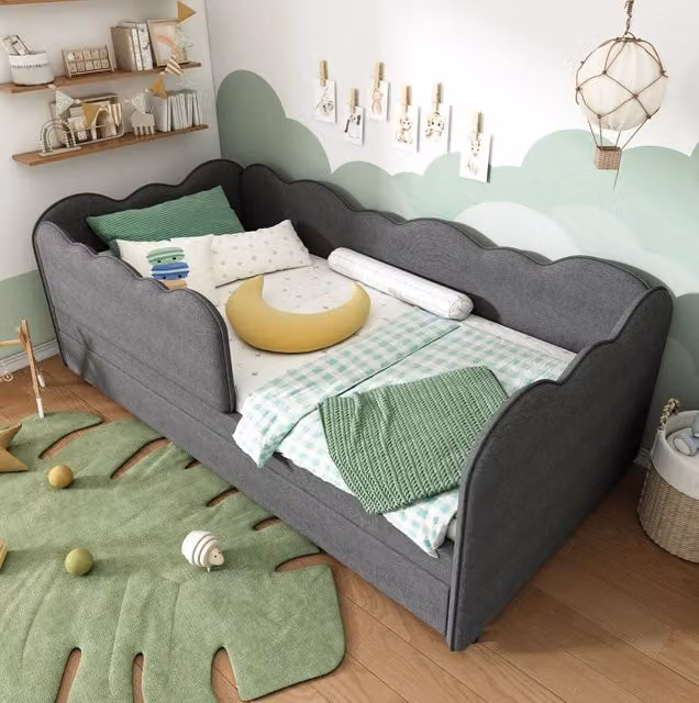 Letto da giorno 90x190 cm con letto estraibile in lino grigio