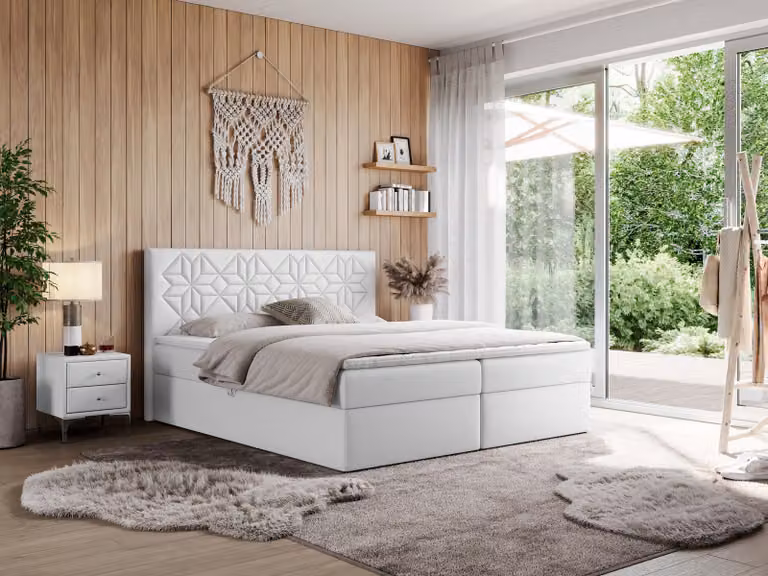 Letto boxspring MKS MEBLE 200x200 con materasso H3 e contenitore, letto matrimoniale con contenitore e topper, letto imbottito 200x200 con testiera - Leila - Ecopelle bianca - H3