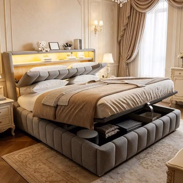 Letto contenitore imbottito per materasso 180 × 200 cm con LED USB USB-C testiera e rivestimento in tessuto grigio