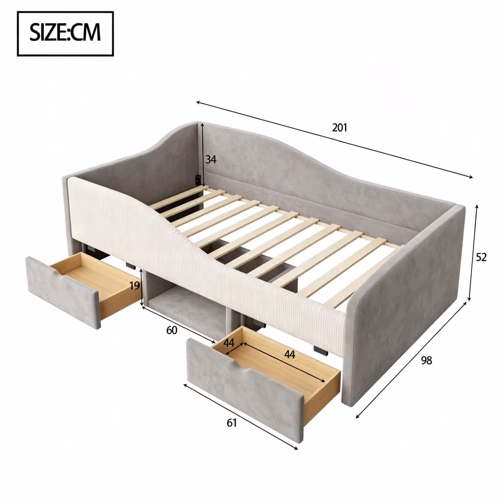 Letto imbottito REDOM per bambini in tessuto grigio con 2 cassetti e sponde di sicurezza L/P/H: 190 x 90 x 39 cm – 2