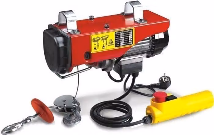 Paranco elettrico a catena, portata 200 kg, telecomando incluso, MECAFER P200, design rosso e giallo