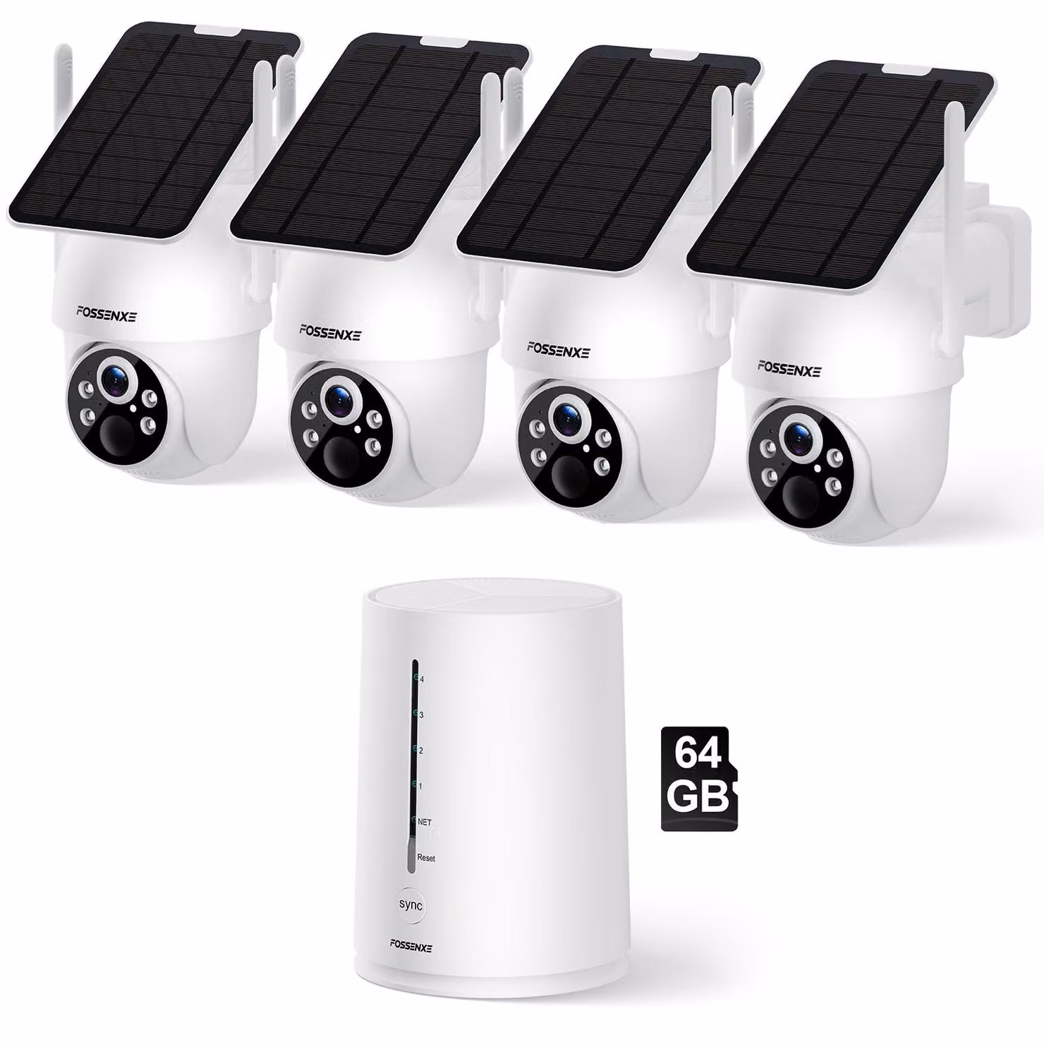 Kit di 4 telecamere solari Wi-Fi da 4MP per videosorveglianza esterna, con base stazione, panoramica a 360° PTZ, grado di protezione IP66 resistente agli agenti atmosferici e rilevamento del movimento tramite sensore PIR