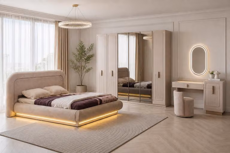 Set completo per camera da letto di alta qualità: letto, armadio e comò, color beige, design moderno