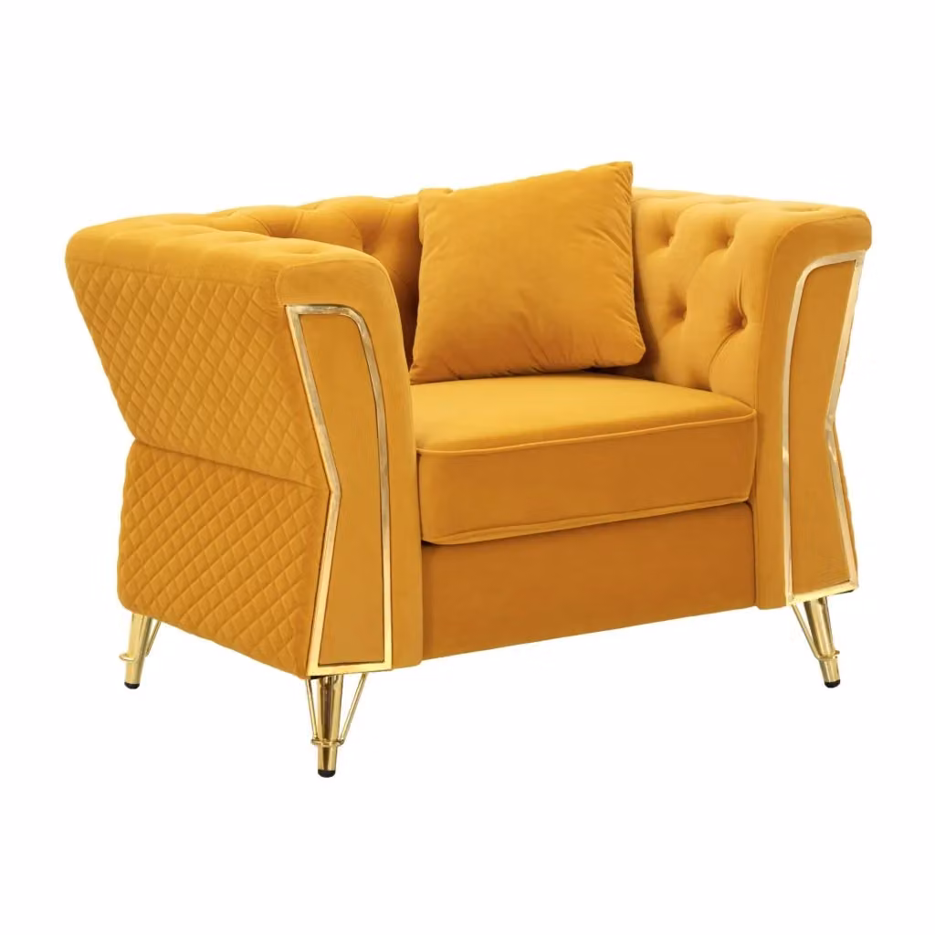 Poltrona DMORA in velluto giallo e oro con braccioli, design moderno per salotto o camera da letto, L 83 cm x P 48 cm x H 76 cm – 2