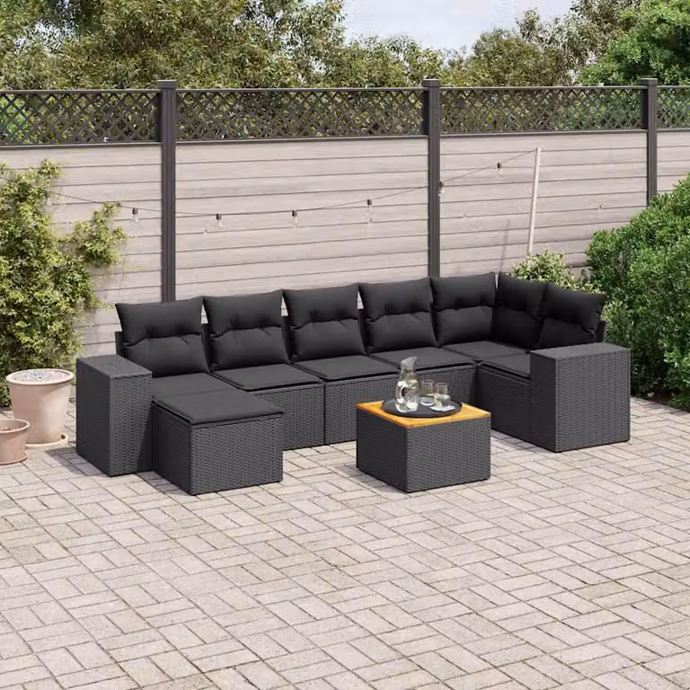 Set Divani da Giardino a L vidaXL in Polyrattan Nero con 8 Cuscini e Tavolino da Caffè