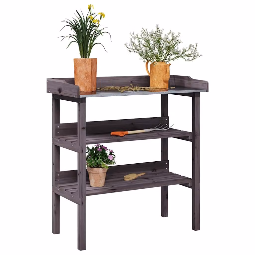 Tavolo per piante vidaXL in legno di abete massello e metallo, stile rustico, Grigio, L 78 cm x P 38 cm x H 82,5 cm