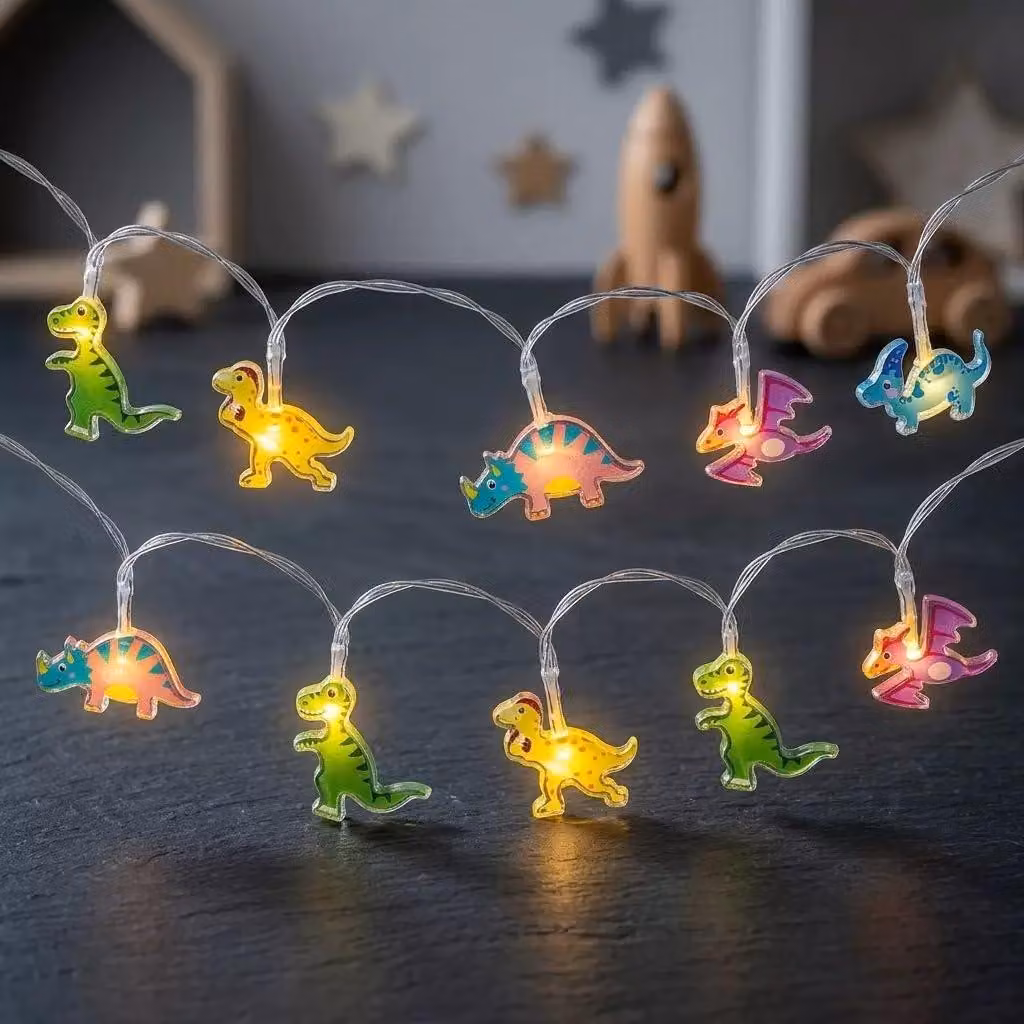 Catena luminosa a forma di dinosauro, lunghezza 1,5 metri, 10 LED a luce calda, alimentata a batteria
