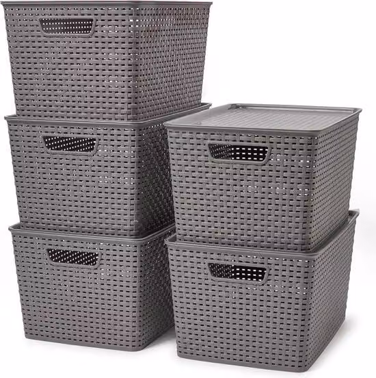 Set di 5 contenitori per archiviazione EZOWare con coperchio in plastica a trama aperta, colore bronzo e grigio, ideale per cucina, camera da letto e bagno