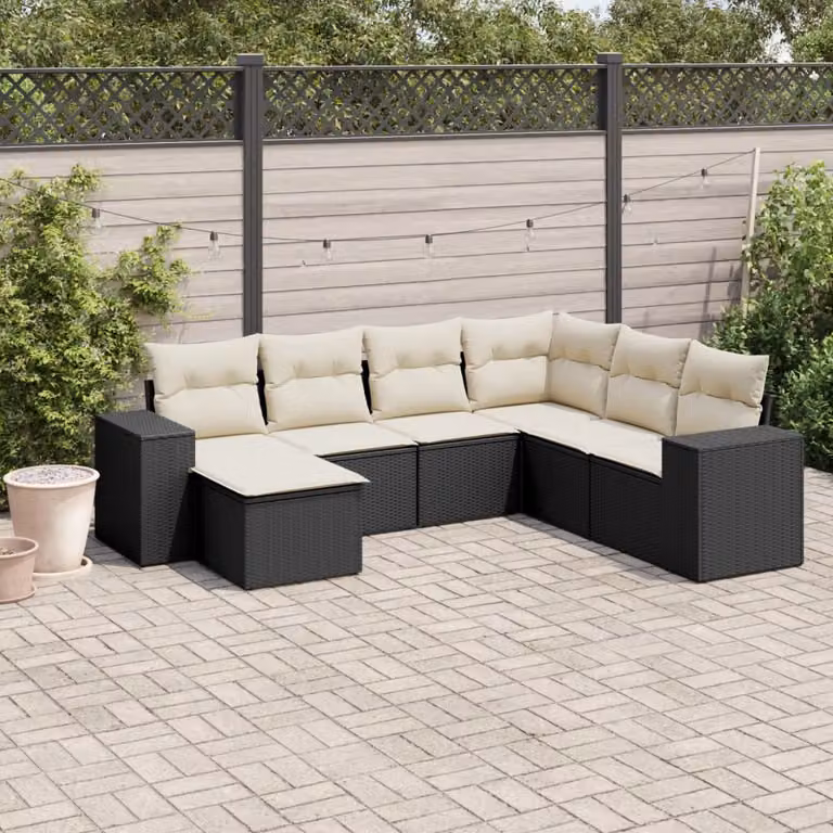 Set di divani da giardino a forma di L vidaXL in polyrattan nero con 7 cuscini inclusi