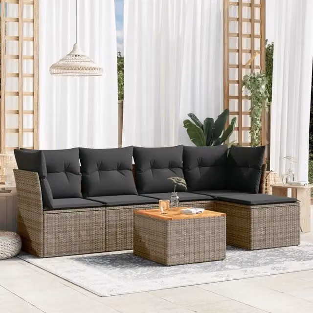 Set Divano da Giardino 6 Pezzi Design Mania in Polyrattan Grigio e Marrone con Cuscini e Tavolino da Esterno – 1