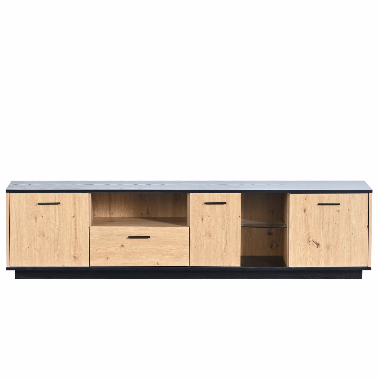 Mobiletto Porta TV GL Store con Cassetta, Tre Ante e Due Ripiani in Vetro, Illuminazione LED a 15 Colori, L/P/H: 180 x 40 x 45 cm, Nero e Naturale – 2