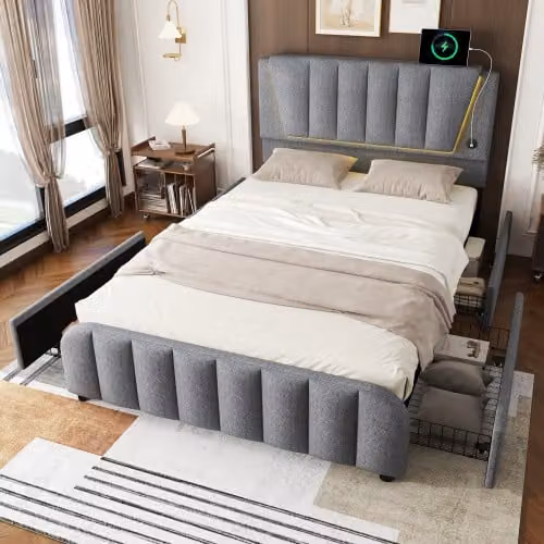 Letto imbottito AIORBER, 140x200cm, letto con rete a doghe (senza materasso), con illuminazione a LED, connessione USB e 4 cassetti, lino e MDF, per piccoli appartamenti, grigio