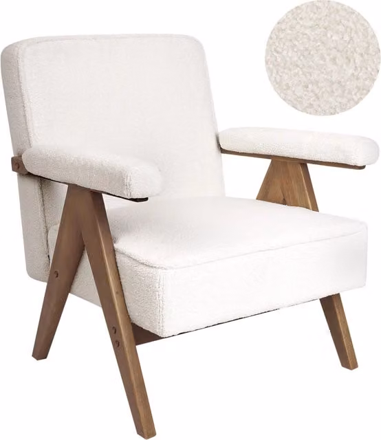 Poltrona Design Retrò BELIANI in Tessuto Bouclé Bianco con Braccioli e Struttura in Legno per Soggiorno L 72 cm x P 70 cm x H 81 cm