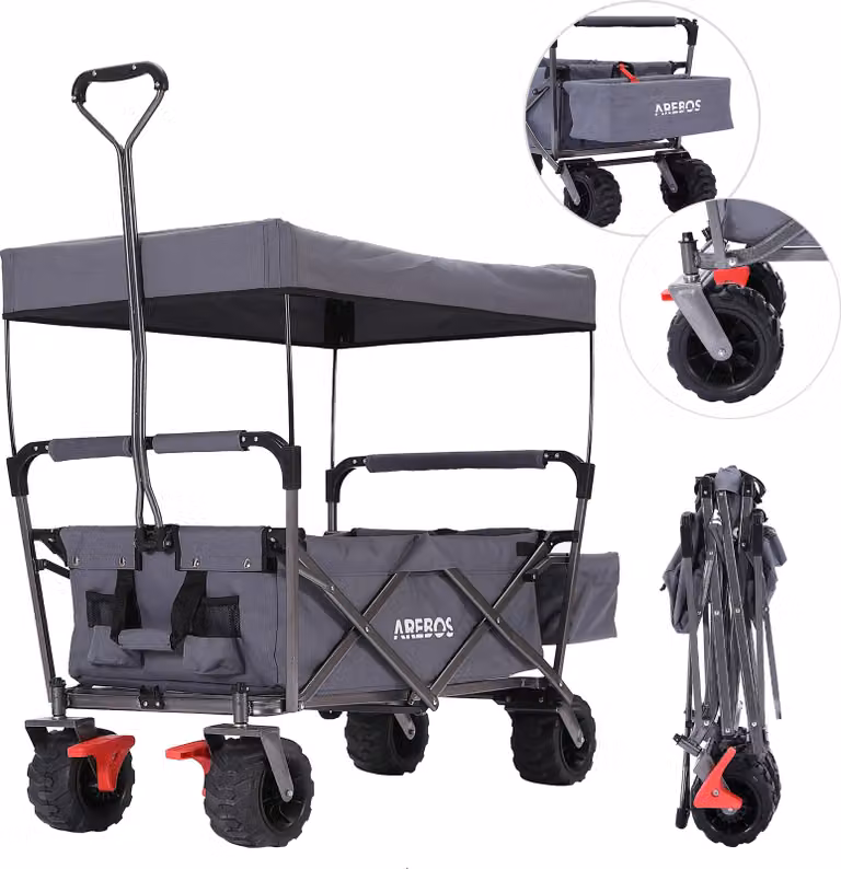 Carrello pieghevole AREBOS grigio | tetto, tasche in rete e borsa esterna, 100 kg