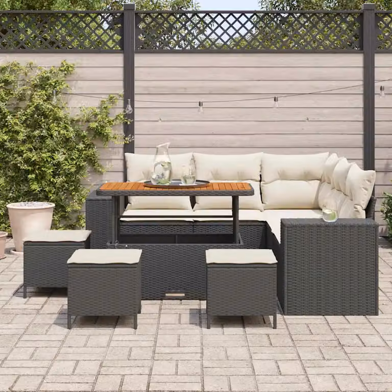 Set Divano da Giardino vidaXL 9 Pezzi a Forma di L con Cuscini Beige e Nero in Polyrattan e Acciaio con Tavolino e Ottoman