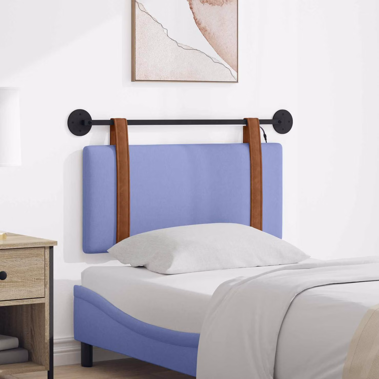 Testiera per letto sospesa vidaXL con luce LED integrata in similpelle blu jeans e legno