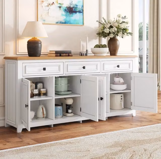 Credenza in MDF bianca effetto legno con 3 cassetti e 4 ante; 160 x 35 x 76 cm