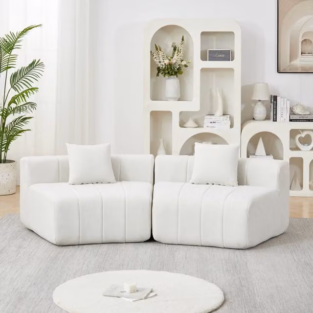 Divano modulare curvo REDOM in tessuto beige con cuscini inclusi