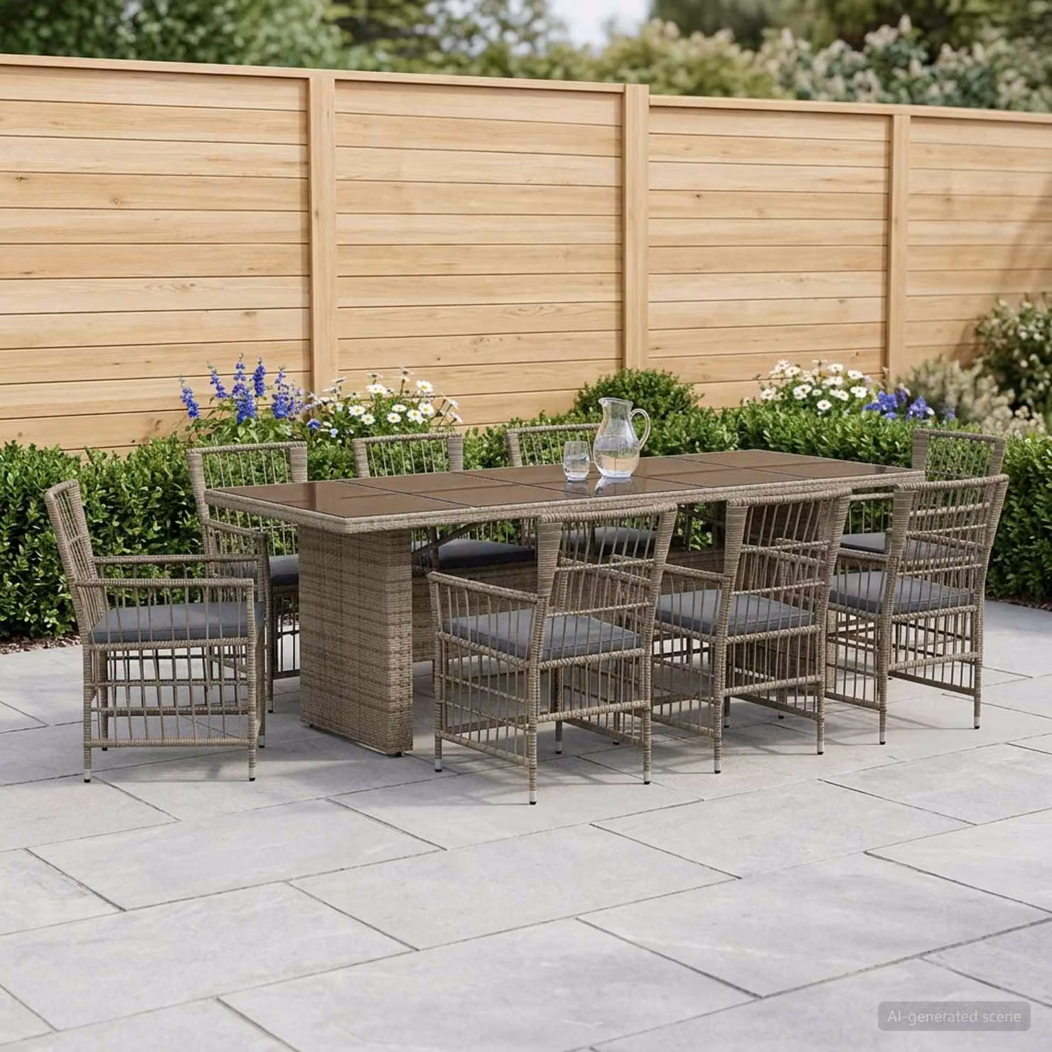 Set da pranzo per esterni vidaXL in polyrattan e vetro grigio, 9 pezzi