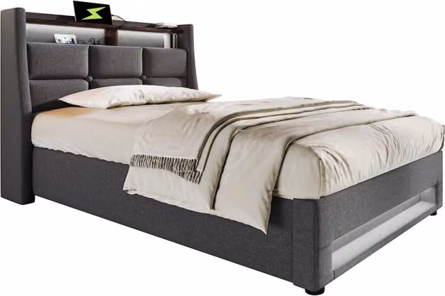 Letto Singolo 90x200 cm con USB; LED; Contenitore e Testiera Imbottita in Lino Grigio