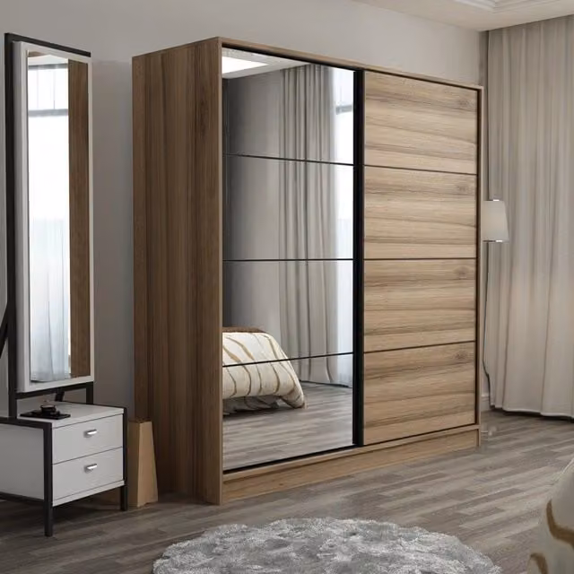 Armadio da camera da letto DMORA con ante scorrevoli, interno con appendiabiti, ripiani e specchio, Marrone Rovere, L: 180 cm, P: 60 cm, H: 190 cm