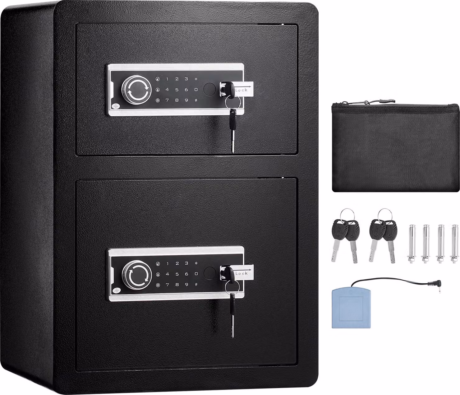 Cassaforte SucceBuy a doppia anta, 3,5 metri cubi, nera, con serratura a chiave e protezione con password, luce LED, pannello portachiavi, tasca ignifuga, divisori regolabili per denaro, documenti, oggetti di valore
