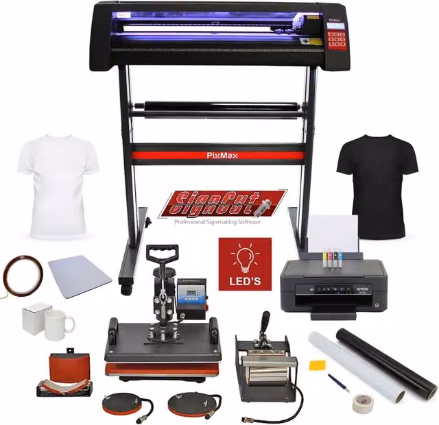 Kit PIXMAX 5 in 1 con Plotter per Taglio Vinile, Stampante e Pressa a Caldo LED Multicolore