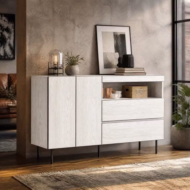 Madia moderna MIVRAY bianca con 2 ante, 2 cassetti e ripiani aperti per soggiorno, L 140 cm x P 42 cm x H 77 cm – 1