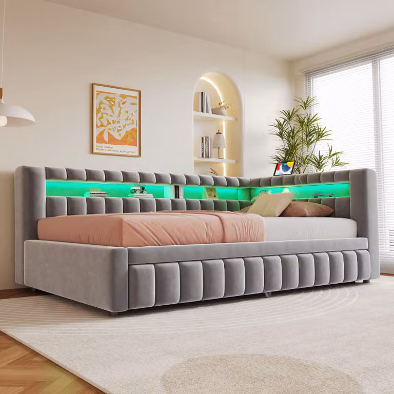 Letto a terra okwish 90x200 con schienale e letto estraibile, letto imbottito con luci LED e porta USB, motivo a righe, letto per bambini in grigio chiaro, senza materasso