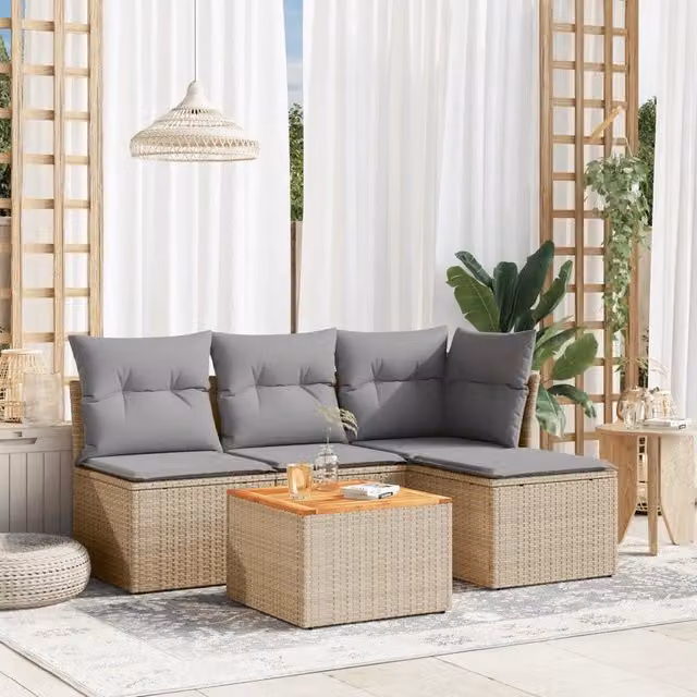 Set Divano da Giardino a L vidaXL in Polyrattan con Cuscini Beige e Grigio