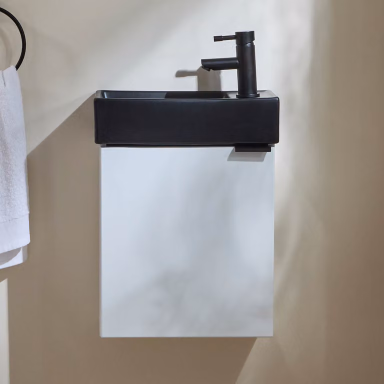 Mobile Bagno Bianco Sospeso da 400mm con Lavabo Nero e Maniglia Moderna Nera con Impugnatura a Dito - Cluo
