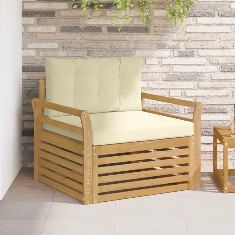 Divano da esterno moderno vidaXL in legno di acacia con cuscini in poliestere bianco e beige resistente ai raggi UV