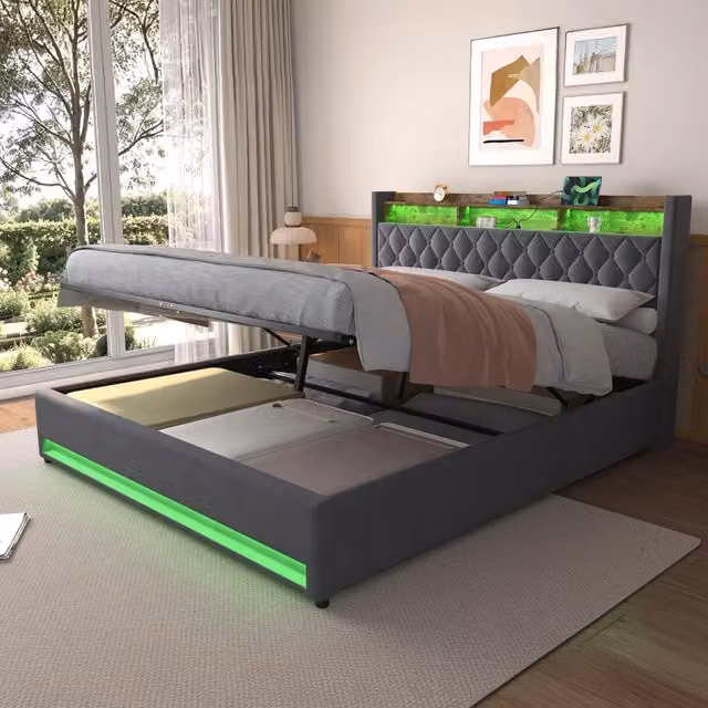 Letto contenitore 180x200 cm con LED; porte USB e prese; testiera con mensola; rete a doghe; velluto grigio