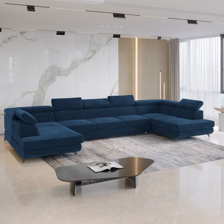 Divano angolare URMANO di Masseno con funzione letto a U, divano con box letto, divano da salotto, divano, divano letto, set di divani - blu, MONOLITH 77