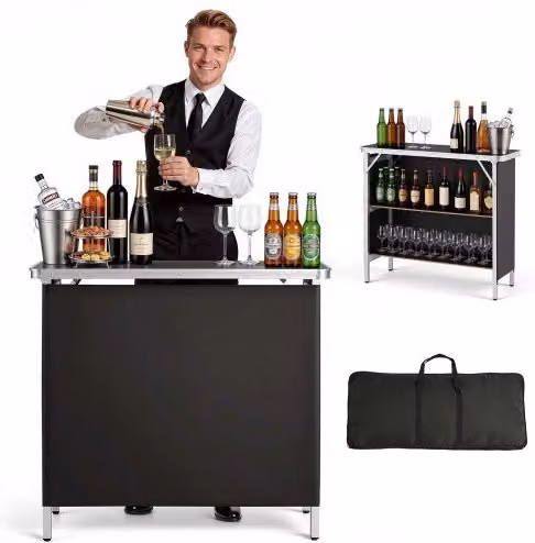 VEVOR Tavolo da Bar Pieghevole e Portatile in Metallo Nero, Bancone Smontabile con Ripiano Portaoggetti e Borsa per Trasporto, L: 98 cm, P: 38,5 cm, H: 87 cm