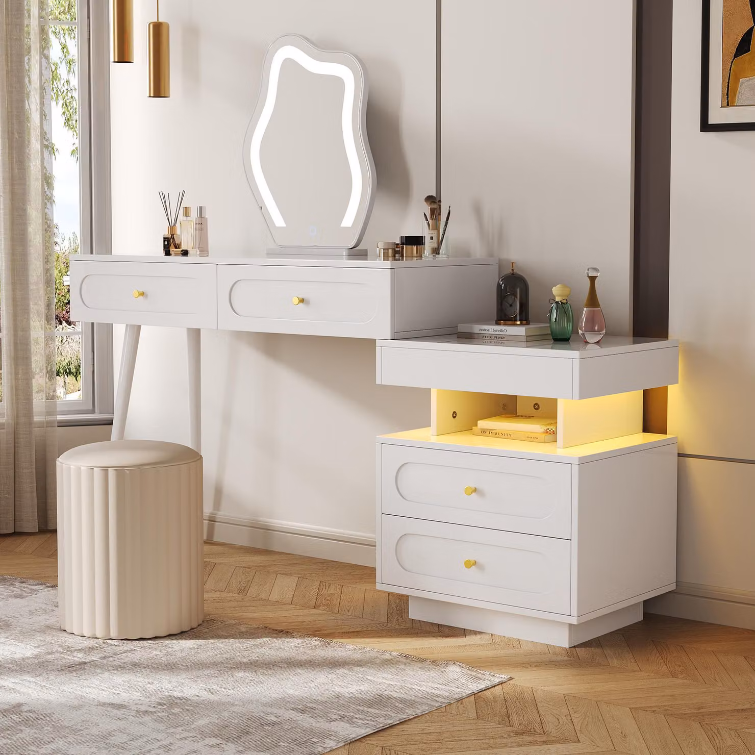 Flieks tavolo da toilette con armadietto, specchio con led, set da toilette per il trucco, 140x40x130cm, bianco