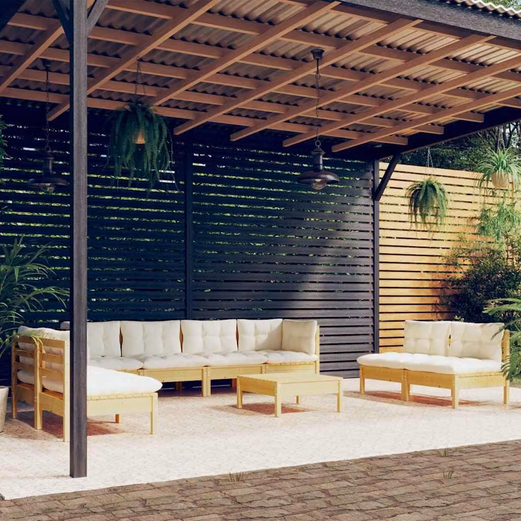 Set Divani da Giardino vidaXL 9 pz in Legno di Pino Trattato con Cuscini Beige a Forma di L