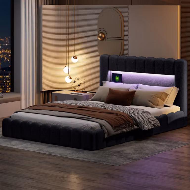 CDGlobal letto imbottito 160x200cm con USB, letto a molle insacchettate letto matrimoniale con contenitore e rete a doghe, letto per ragazzi con Led, letto in legno massiccio letto funzionale, biancheria, grigio