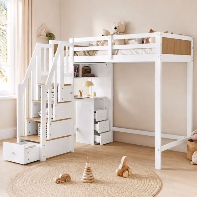 Letto a castello 90x200 cm bianco e naturale, legno e MDF con scrivania e 3 cassetti
