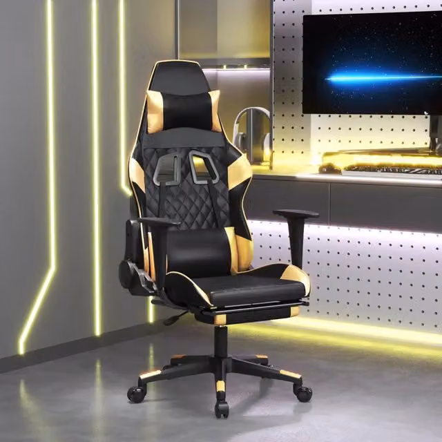 Sedia da Gaming vidaXL in Similpelle con Poggiapiedi, Ruote e Braccioli, Nero e Oro – 1