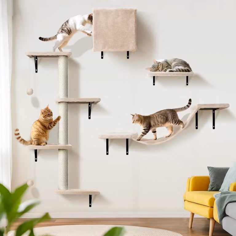 Set da parete per gatti, composto da 10 elementi: include una passerella, una casetta, un tiragraffi e un'amaca. Colore: beige