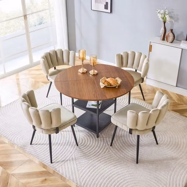Tavolo da pranzo per 4 persone con 2 ripiani e 4 sedie, piano rotondo, in MDF e metallo, noce e nero, 107 cm