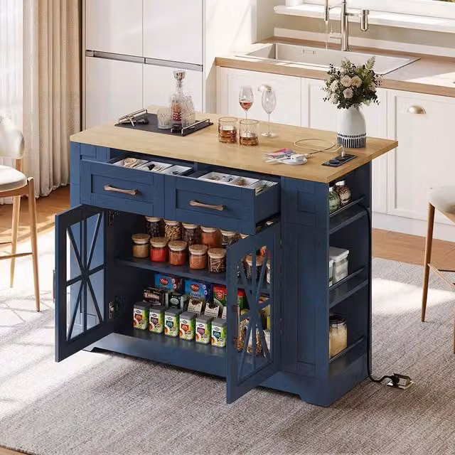 Xylo Tavola pieghevole portatile da cucina blu con ripiani aperti e prese AC/USB L: 120 cm, P: 65 cm, H: 92 cm