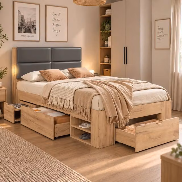 Letto singolo 90x200 con contenitore e cassetti; USB; luce notturna; MDF; colore naturale