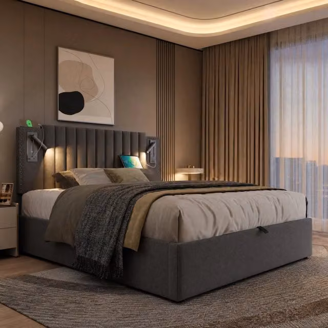 Letto contenitore ULEVR 160x200 cm grigio con testiera regolabile, luci da lettura e porte USB/Type-C